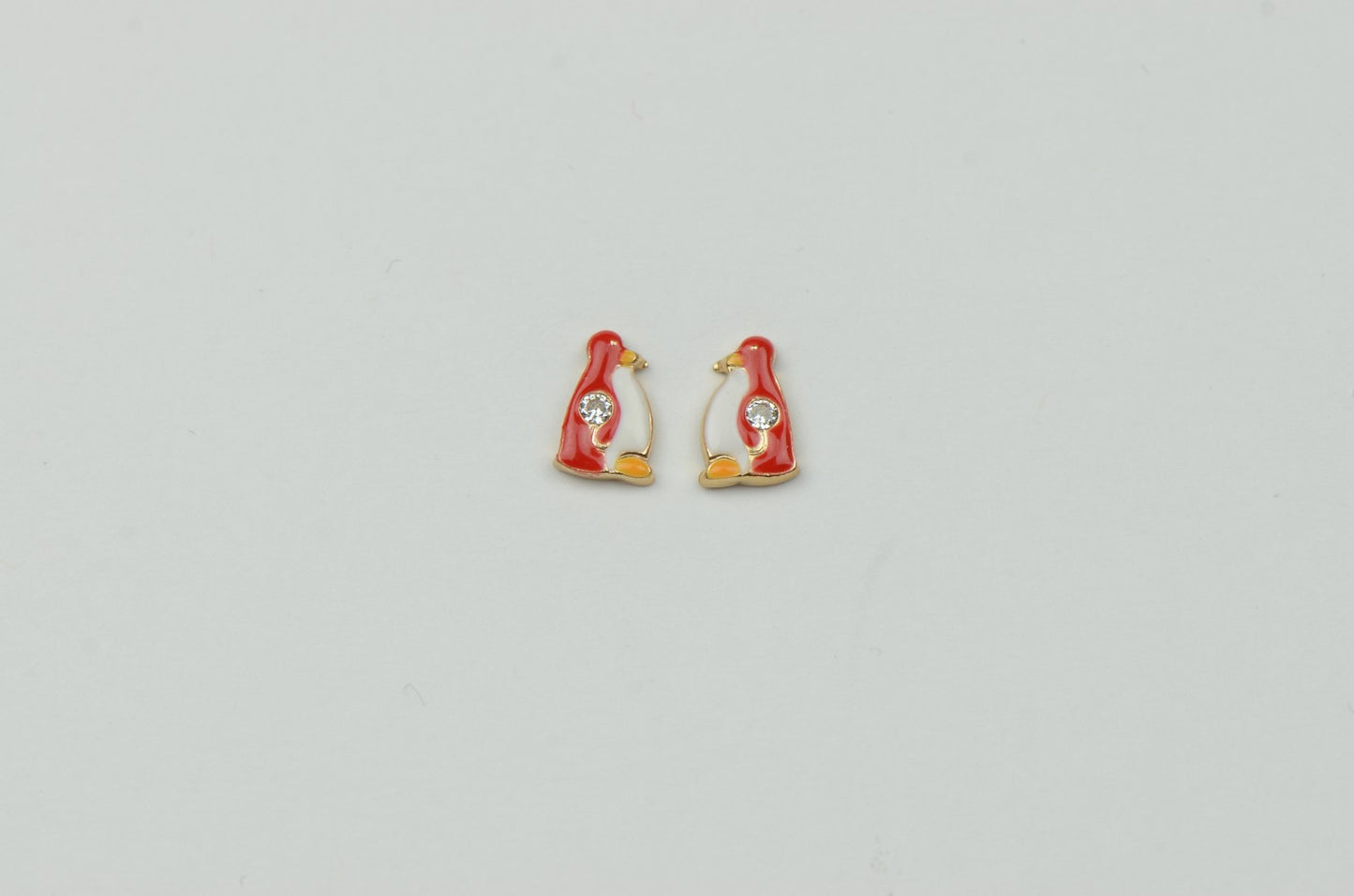 14k Yellow Gold Beautiful Enamel and CZ Penguin Baby Earrings, Screw Back
