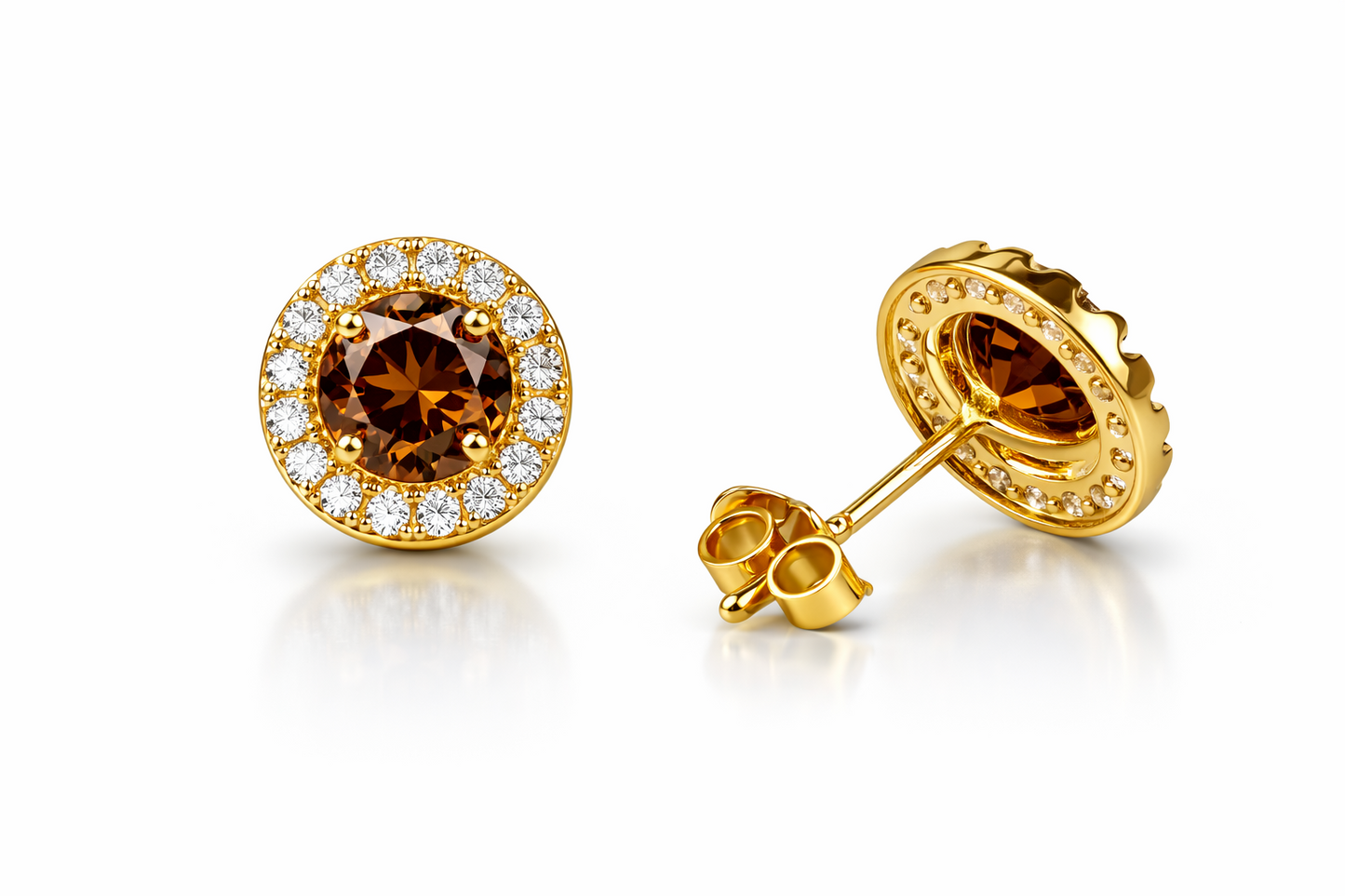 14K Solid Yellow Gold Halo Stud Push Back Earrings