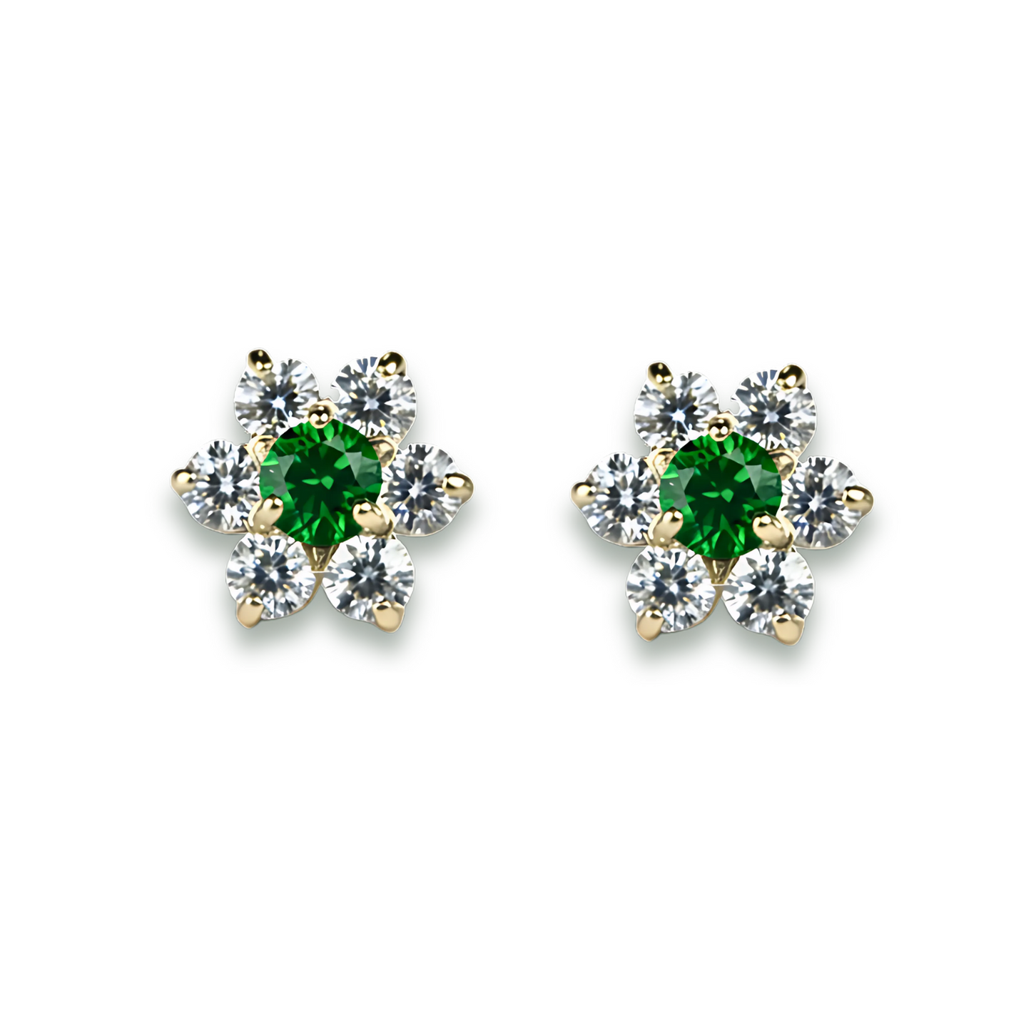 14K Yellow Gold Beautiful Flower CZ Stud Earrings for Women
