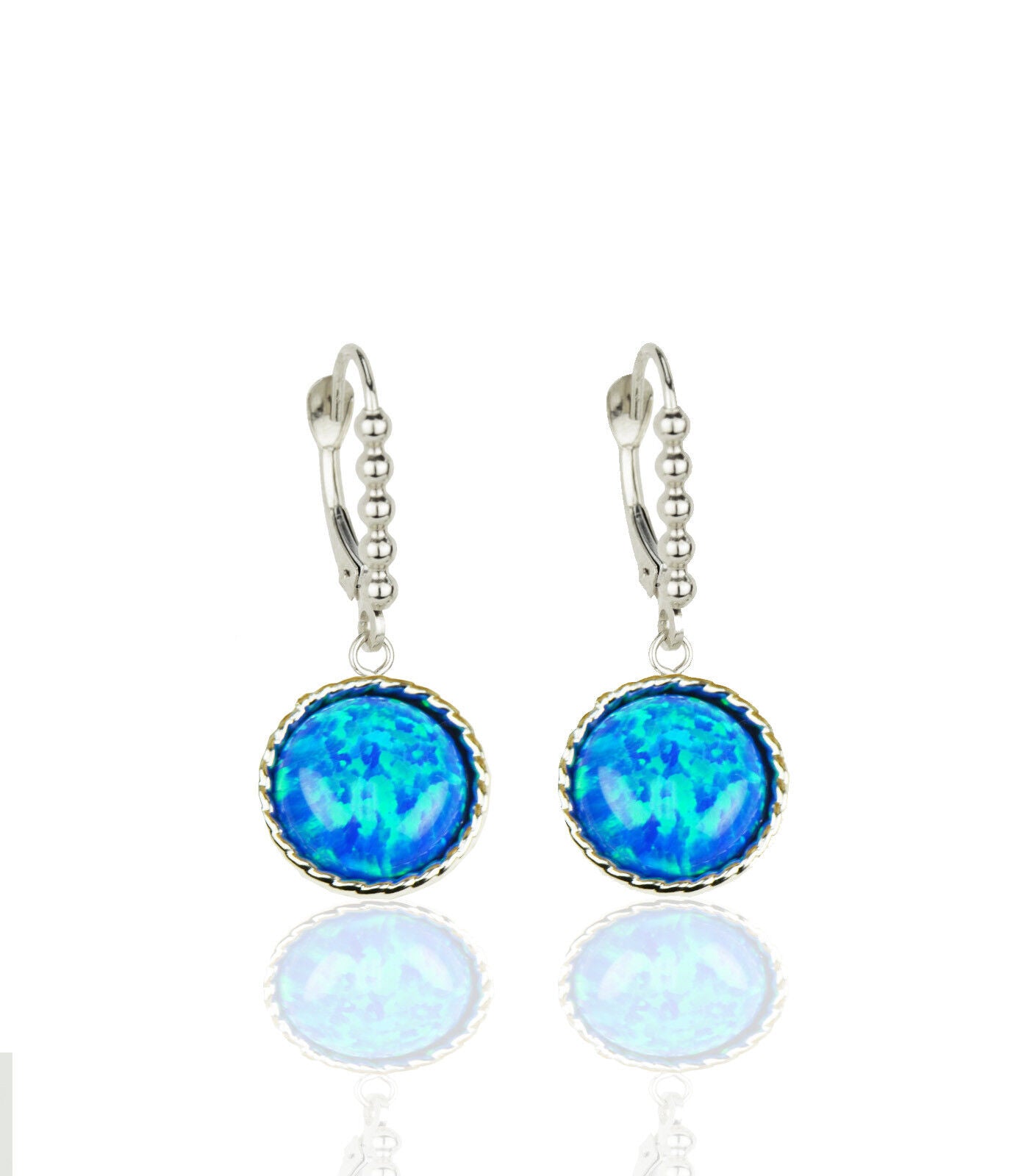 14k White Gold Opal Flat Dangle Leverback Earrings