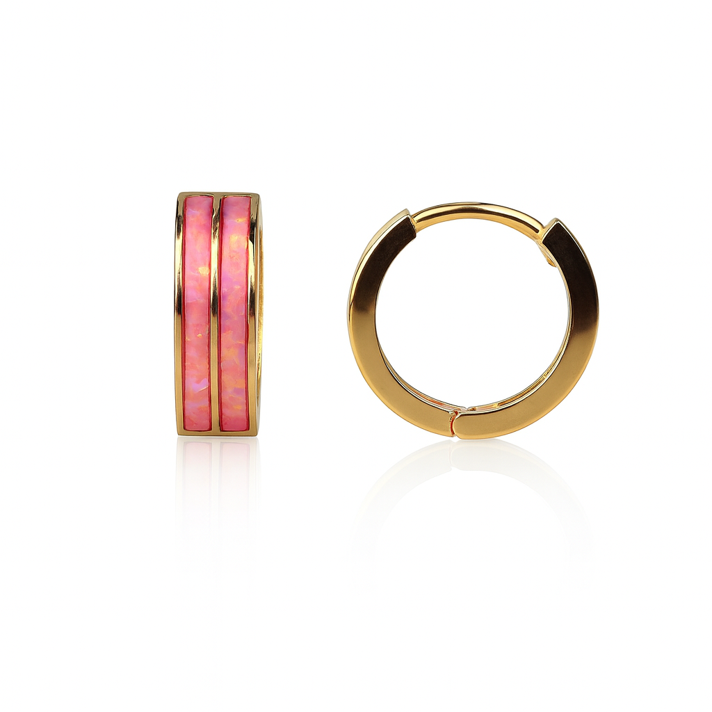 14k Yellow/White Gold Double Row Hot Pink Opal Huggie Hoop Earrings