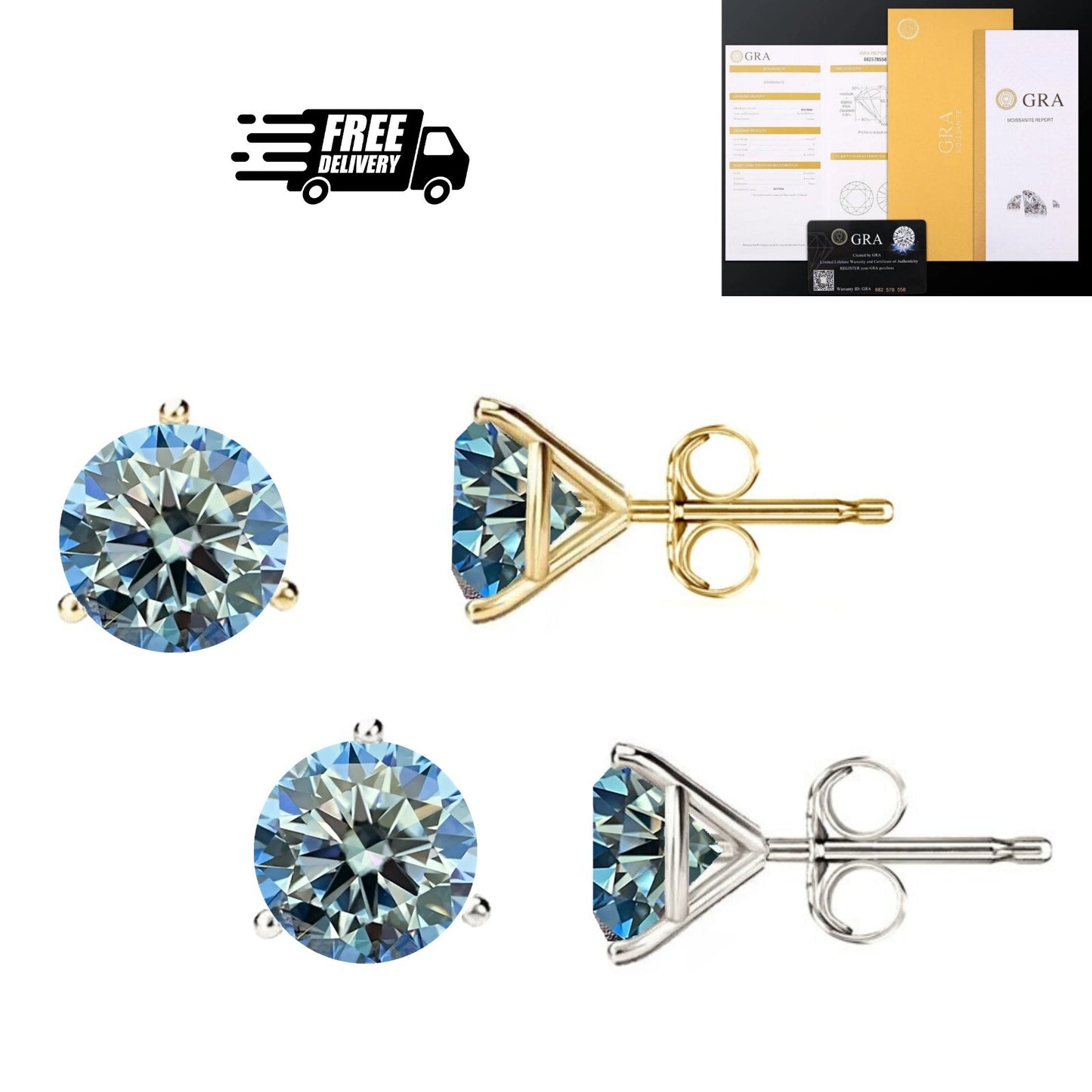 14KGold GRA CertifiedD-VVS1 Ocean Blue Moissanite Martini PushBack Stud Earrings