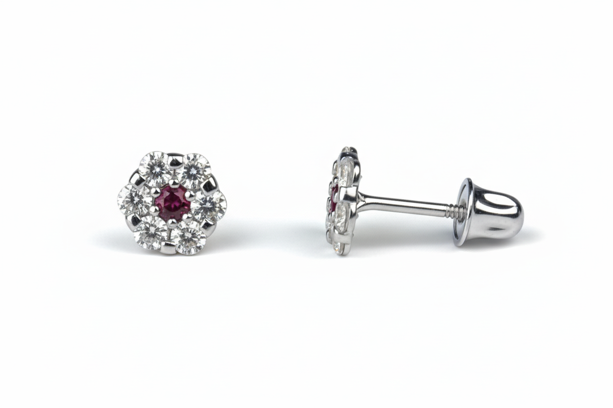 14K White Gold Flower Shaped  Screw Back Stud Earrings for Women