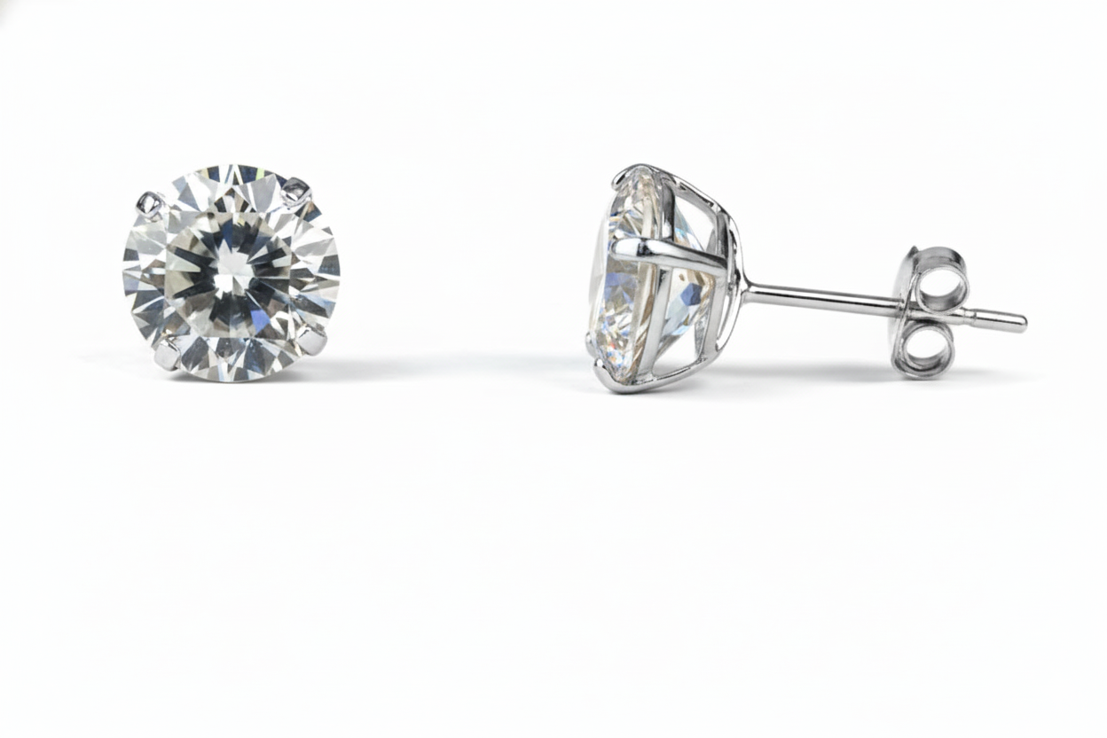 14K Yellow & White Gold Beautiful Round CZ Stud Earrings Basket Setting 2-10mm