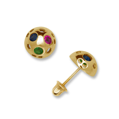 14K Yellow & White Gold Half Ball Shaped Ruby Emerald & Sapphire Stud Earrings