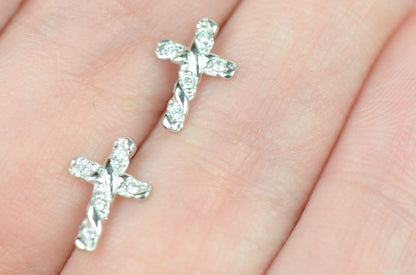 14K Yellow White Gold Cubic Zirconia CZ Cross Earrings