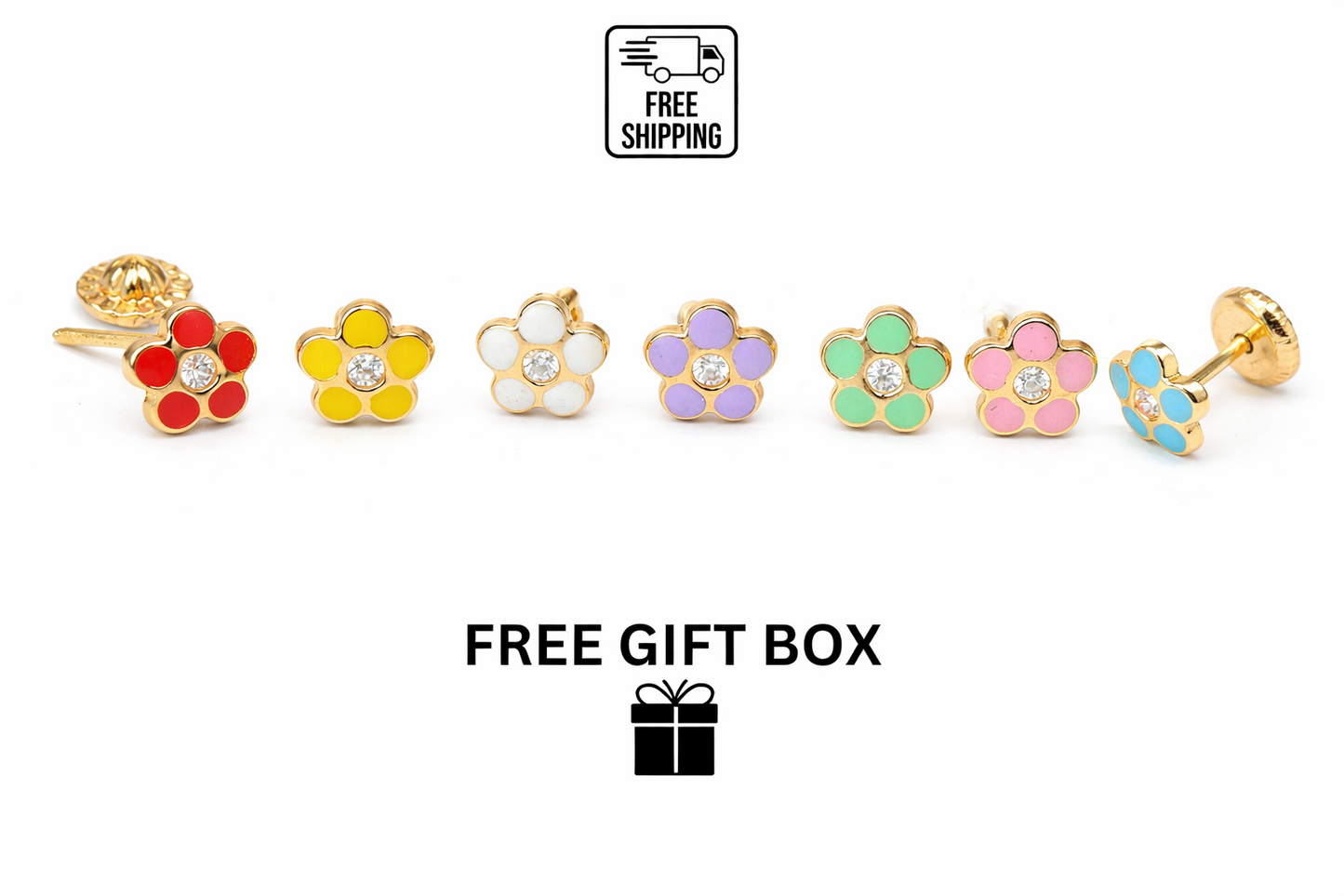 14k Yellow Gold Baby Enamel and CZ Flower earrings, Screw Back