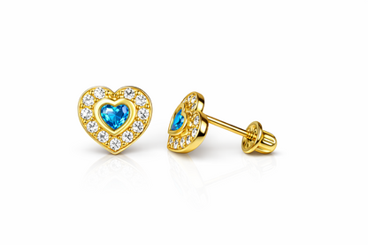 14K Yellow Gold Birthstone Heart with CZ Stud Earrings Screw Back