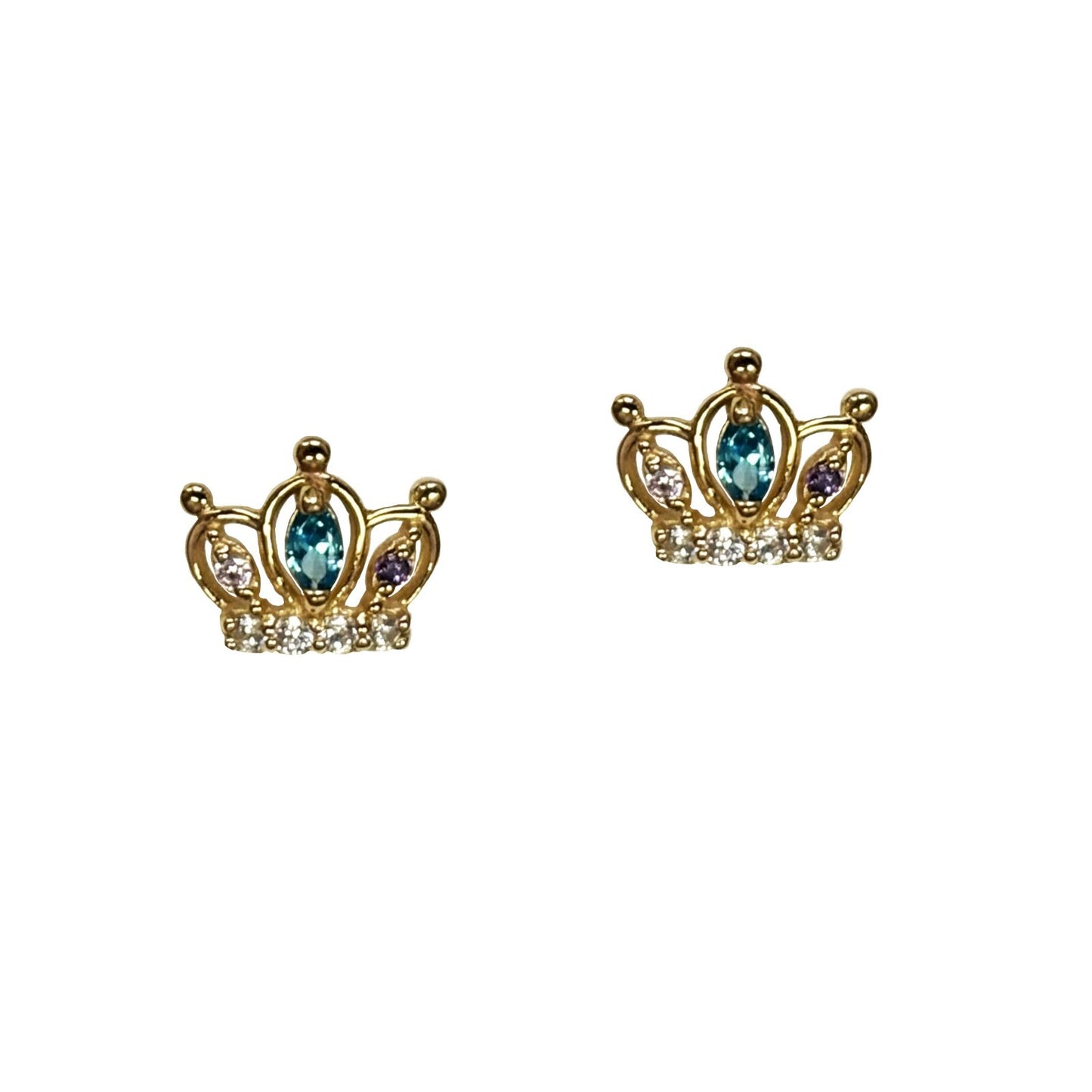 14K Solid Yellow Gold Crown Screw Back CZ Stud Earrings