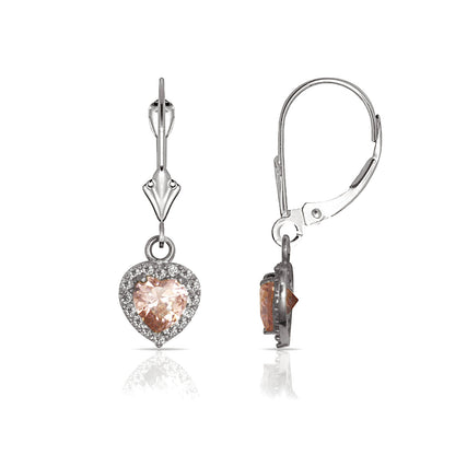14k White Gold Halo Heart Dangle Leverback Earrings