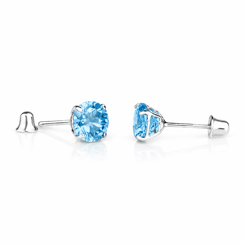 14K Solid White Gold 6mm Round Birthstone Stud Earrings with screw back