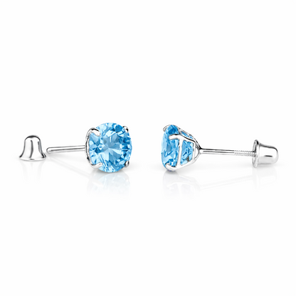 14K Solid White Gold 6mm Round Birthstone Stud Earrings with screw back