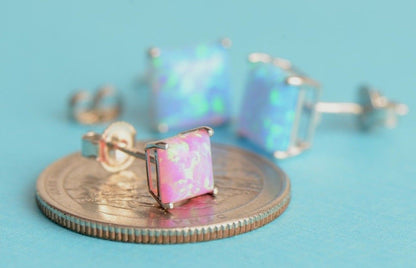 925 Sterling Silver Square Opal stud Earrings