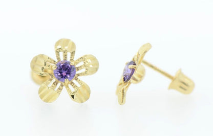 yellow gold 14k flower earrings cz stud back screw