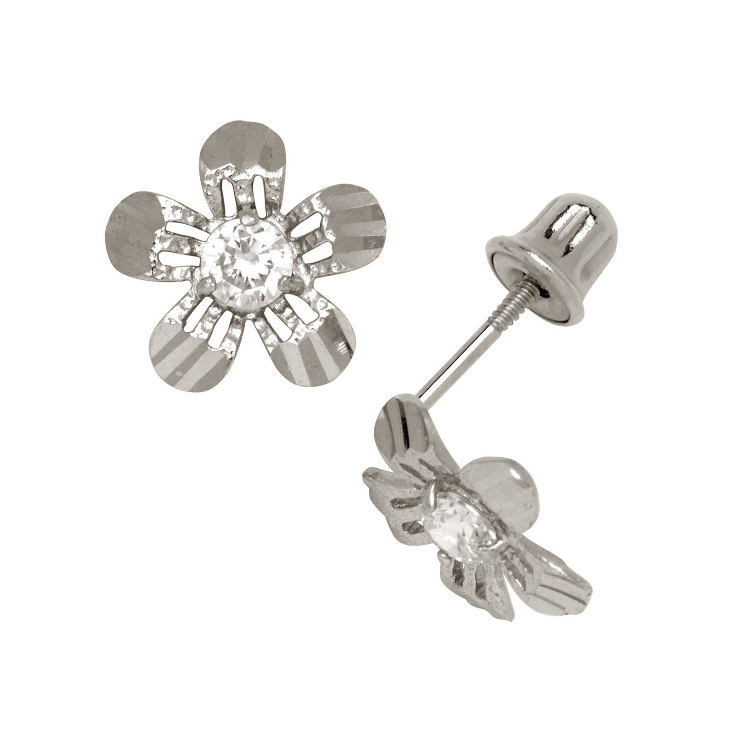 14K Yellow or White Gold Cubic Zirconia Flower Earrings with Screw Back