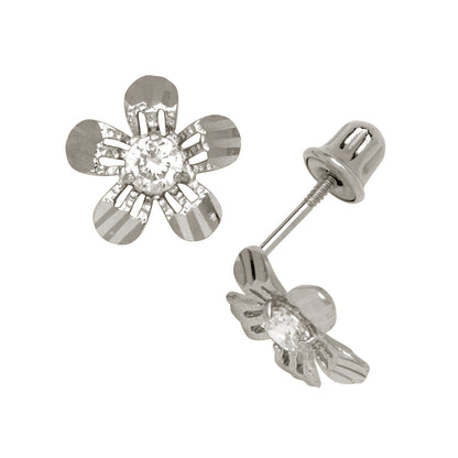 14K Yellow or White Gold Cubic Zirconia Flower Earrings with Screw Back