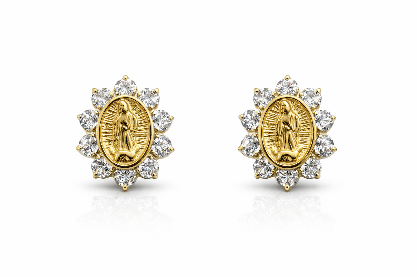 Solid 14K Yellow Gold Guadalupe Virgin Mary Screw Back CZ Stud Earrings