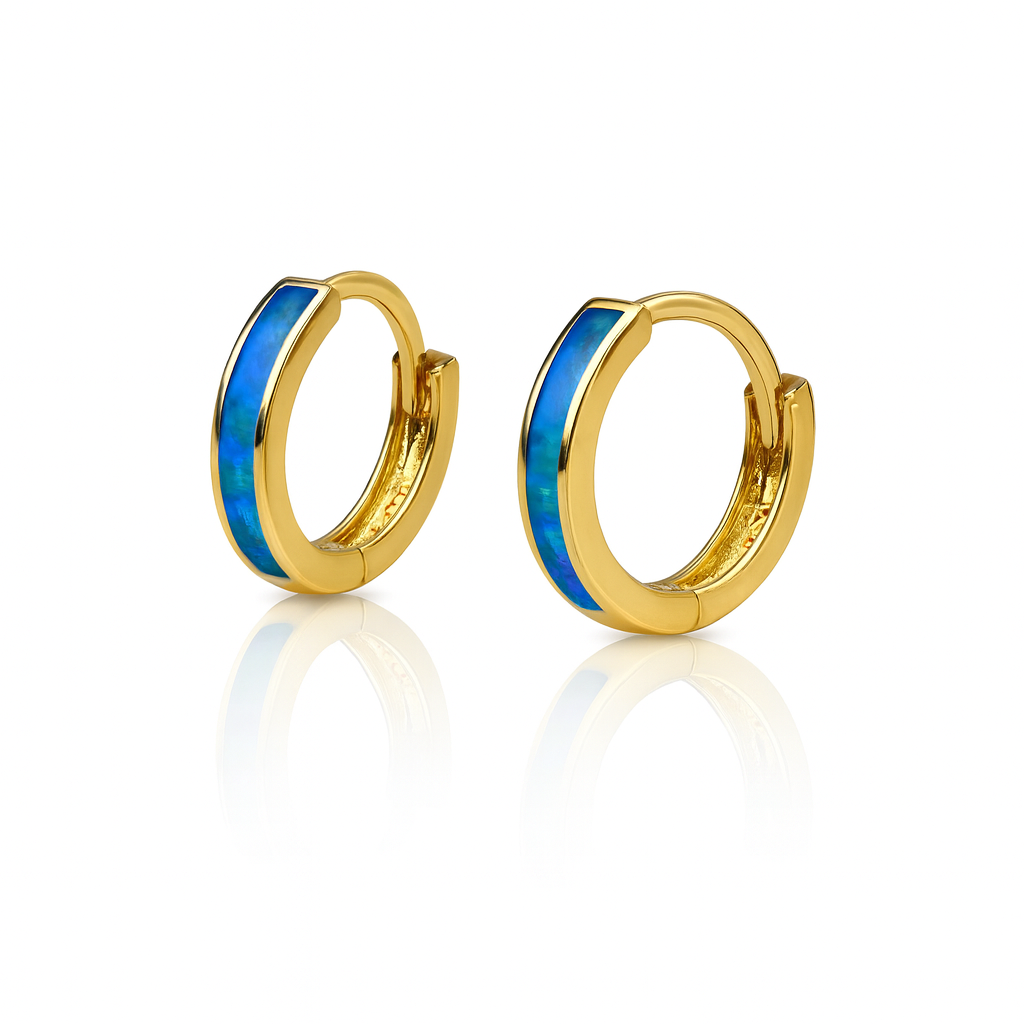 14k White Gold One Row Dark Blue Opal Huggie Hoop Earrings