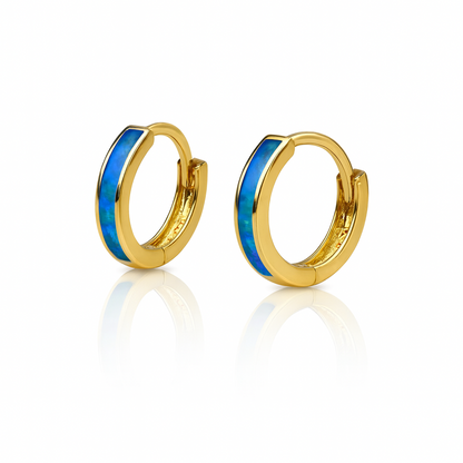 14k White Gold One Row Dark Blue Opal Huggie Hoop Earrings