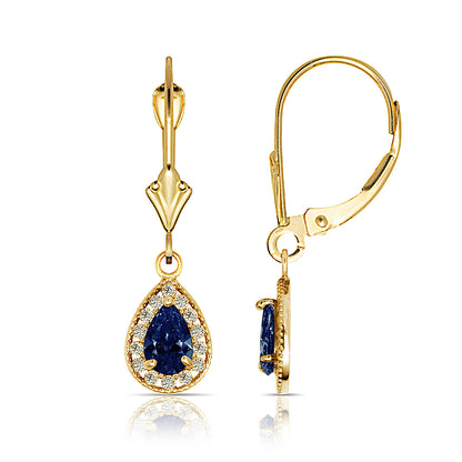 14k Yellow Gold Halo CZ Tear Drop Dangle Leverback Earrings