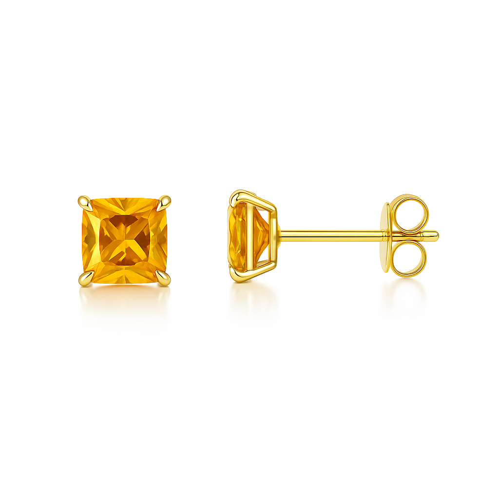 14k Yellow Gold Solid Square Princess Cut Birthstone 4MM CZ Stud Earrings