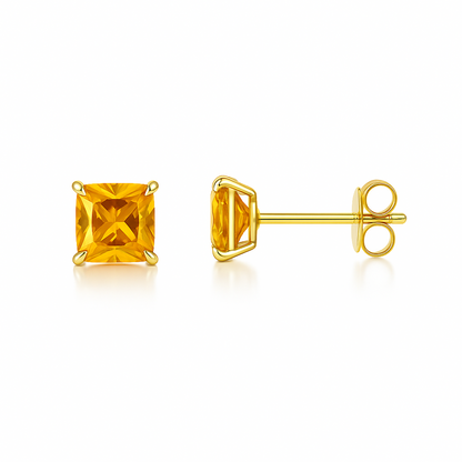 14k Yellow Gold Solid Square Princess Cut Birthstone 4MM CZ Stud Earrings
