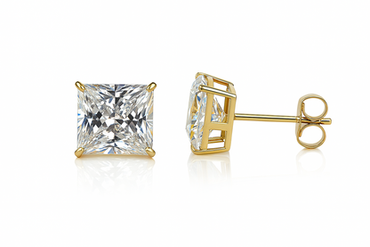 14k  White Gold Heavy Basket Square AAA Quality CZ Stud Earrings with Push Back