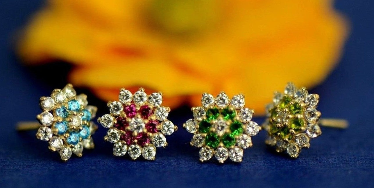 14k Yellow Gold Flower Stud CZ Earrings with screw back