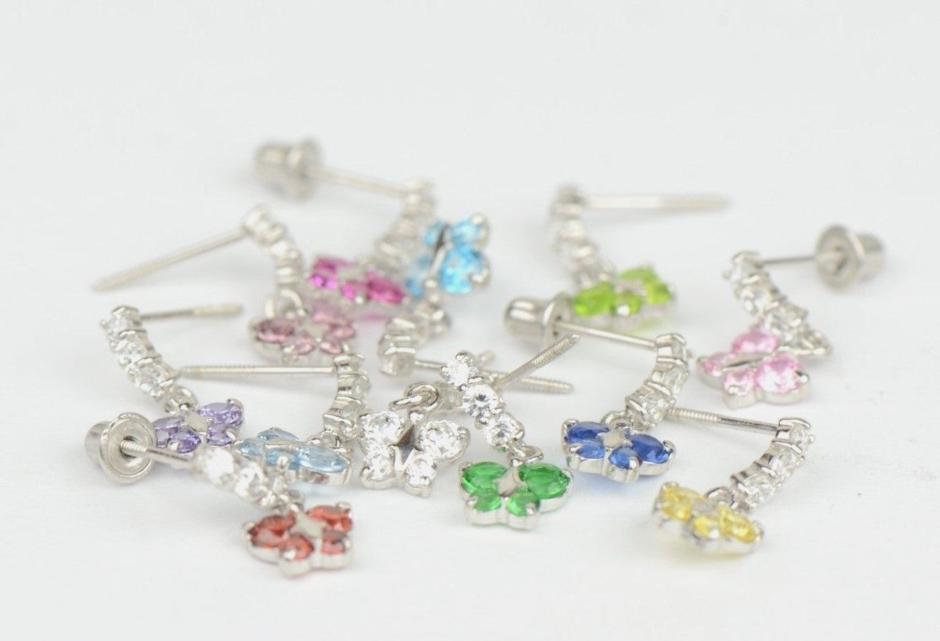 14K White Gold Birthstone Butterfly Dangle Earrings