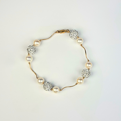 14K Yellow Gold Freshwater Pearl Bracelets with Czech Crystal for Women