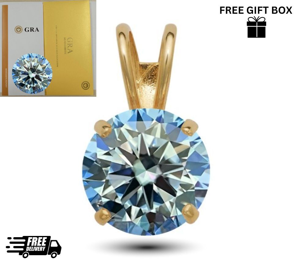 14K Gold GRA Certified D-VVS1 Round Ocean Blue Moissanite Pendant