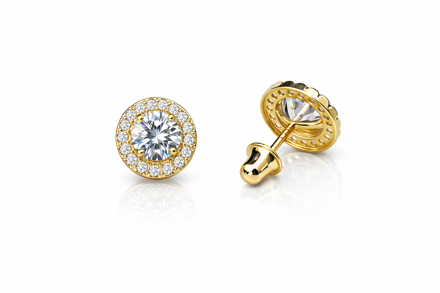 14K Solid White Gold Halo Stud CZ Screw Back Earrings
