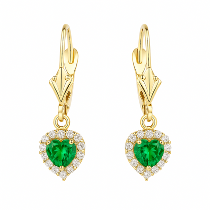 14k White Gold Halo Dangle Heart Leverback Pierced Earrings Birthstone