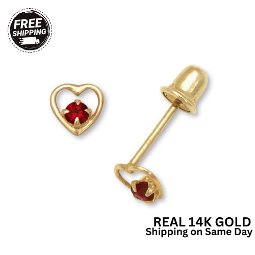 14K Yellow Gold  Birthstone Heart Shape Stud Earrings for Girl