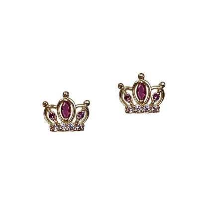 14K Solid Yellow Gold Crown Screw Back CZ Stud Earrings