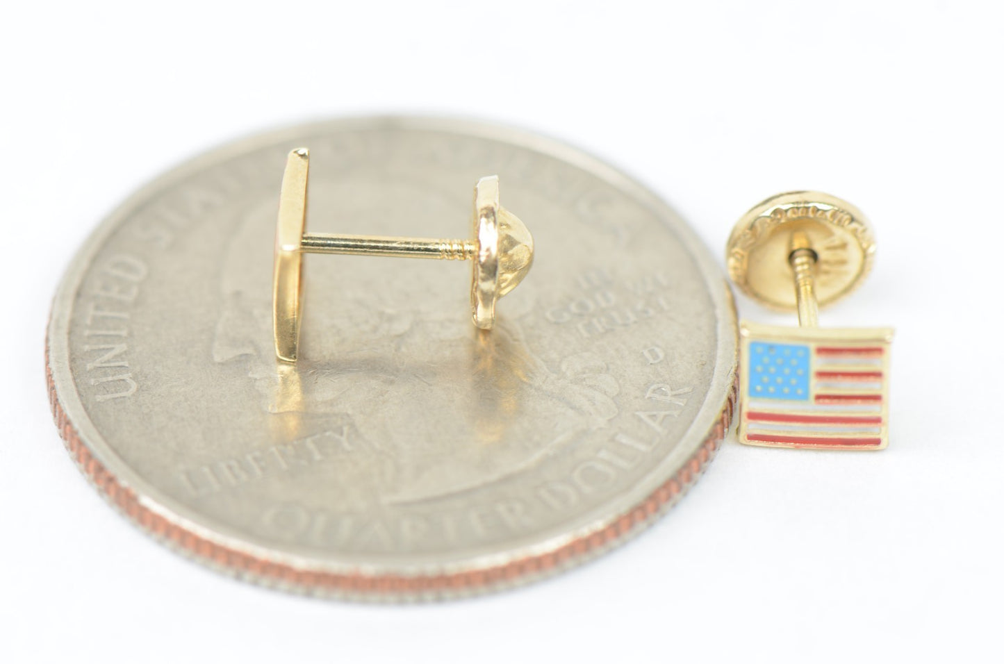 14K Yellow Gold American Flag Stud Earrings with Enamel
