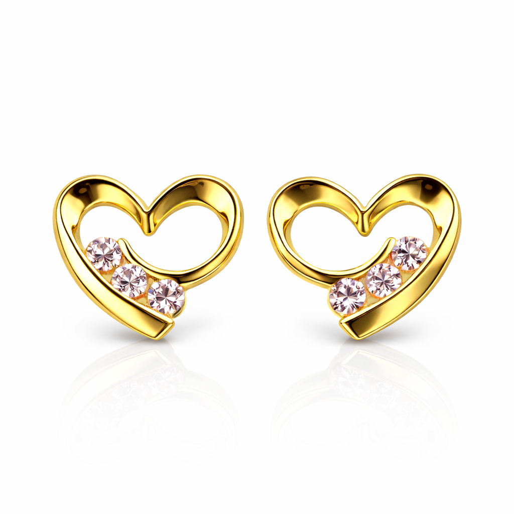 14k Solid Yellow White Gold Heart Shape CZ Stud Earrings