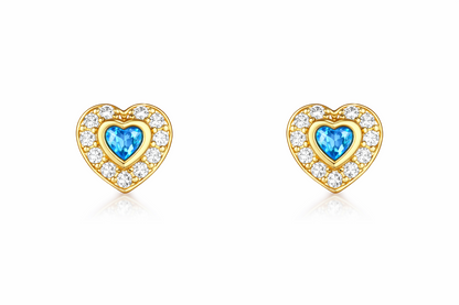 14k Solid Yellow Gold Halo Heart Stud Earrings