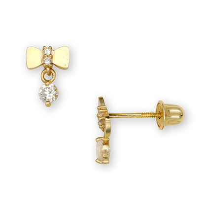 14K Yellow & White Gold Bow Tie Dangle Stud Screwback Earrings for Girls