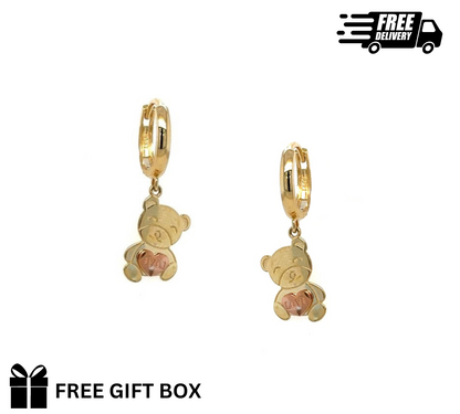 14k Yellow and Rose Gold Dangle Bear Hoop Huggie Earrings