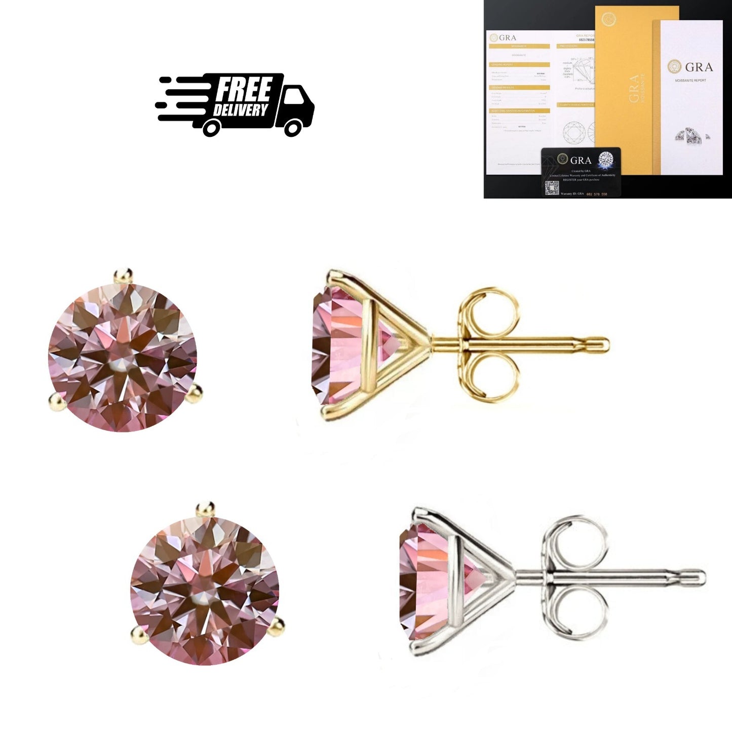14K Gold GRA CertifiedD-VVS1 Pink Moissanite Martini PushBack Stud Earrings