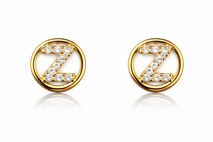 14k Yellow or White Gold Round Initial Letters CZ Stud Earrings