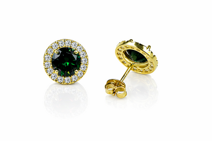 14K Solid Yellow Gold Round Halo CZ Stud Push Back Earrings