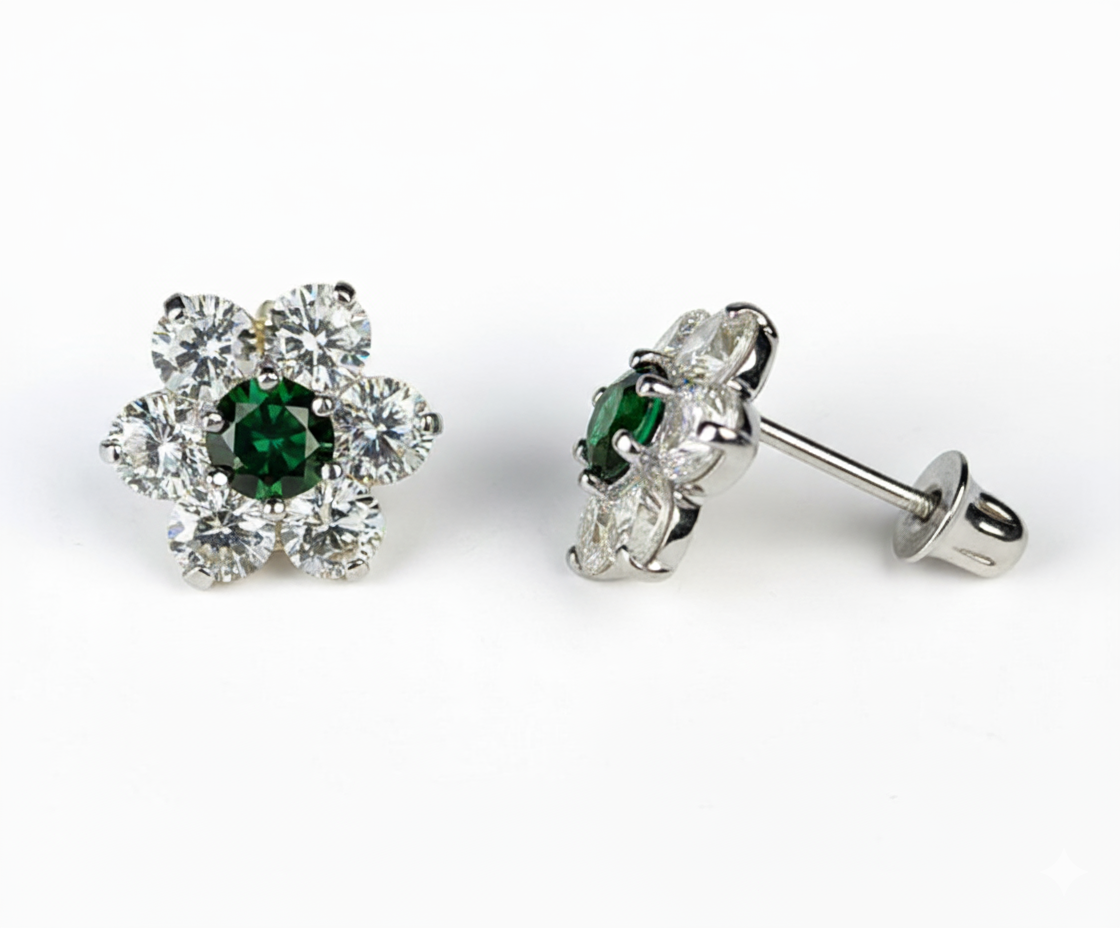 14k White Gold Beautiful Flower Shaped Stud Screw Back Earrings for Women