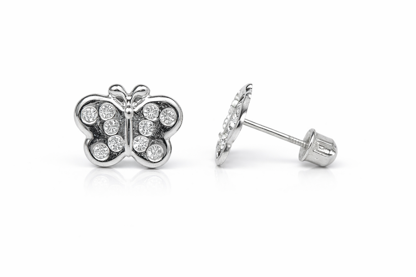 14K Solid White Gold Butterfly Screw Back Stud Earring with CZ
