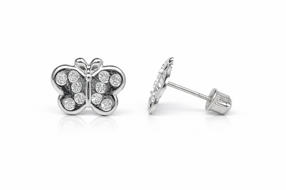 14K Solid White Gold Butterfly Screw Back Stud Earring with CZ