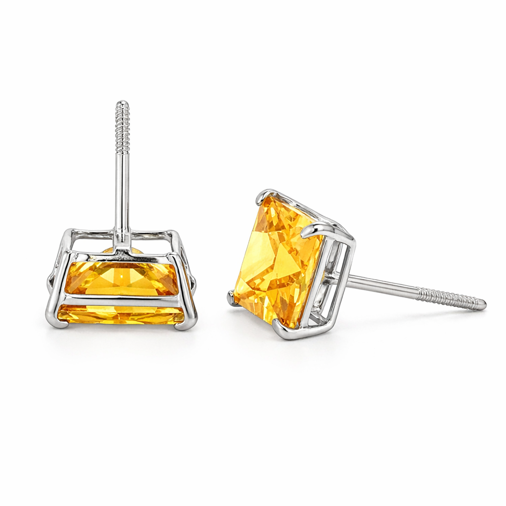 14K Solid White Gold Square Princess Cut CZ Birthstone Stud Earrings All Size
