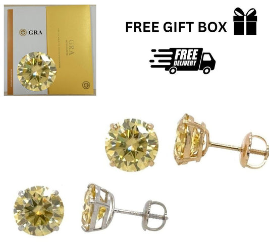 14K Gold GRA Certified D-VVS1 Lemon Yellow Moissanite Screw Back Studs Earrings