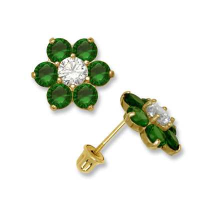 14k Yellow Gold CZ Flower Birthstone Stud Screw Back Earrings