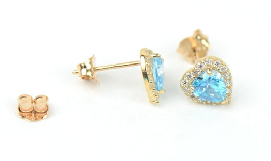 14k Solid Yellow Gold Halo Heart Stud Earrings with Push Back